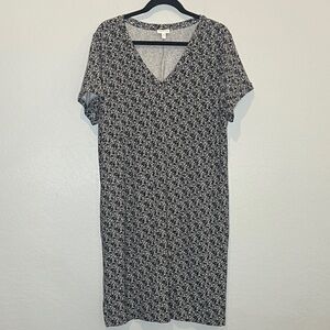 Garnet Hill Black & Cream Floral V-Neck Short Sleeve Dress size Large